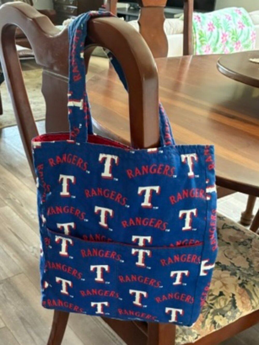 TEXAS RANGERS Blue w Red White Logo Lettering FABRIC TOTE Purse * Pockets